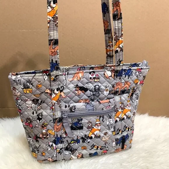 VERA BRADLEY Rare Gray Multi HOWL-O-WEEN Halloween Dogs Zip Top Cotton VERA Tote - Picture 16 of 16